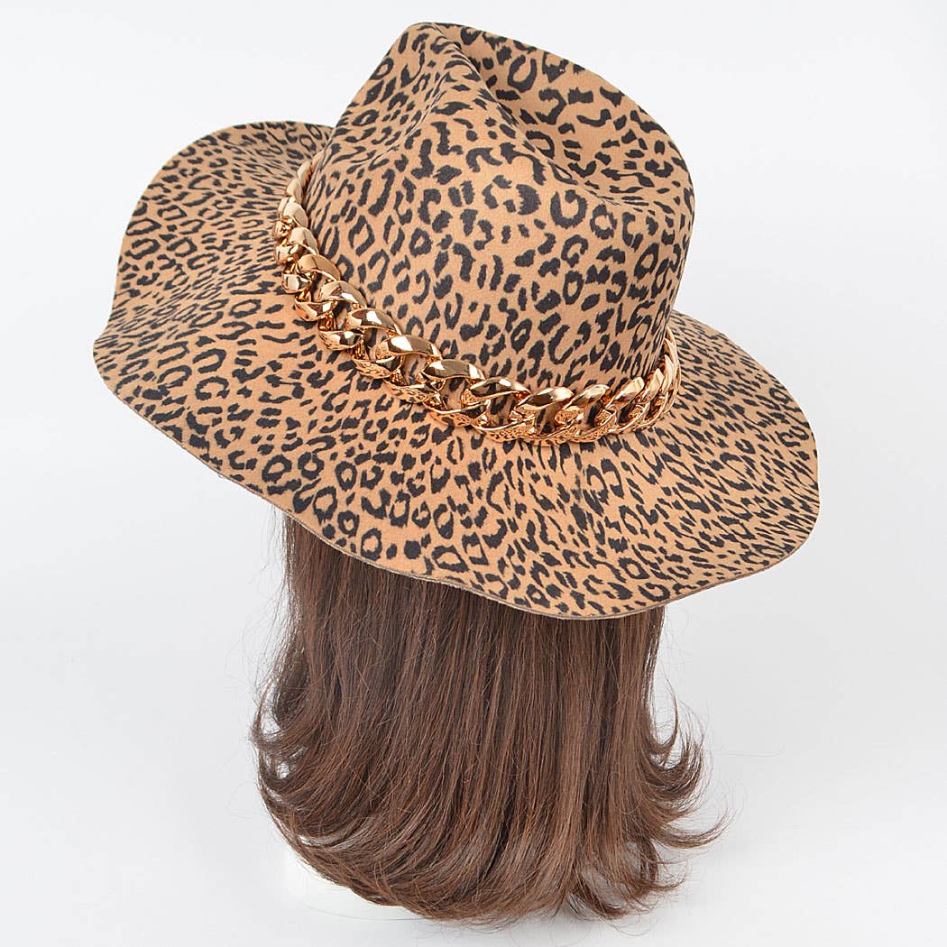 Leopard Faux Wool Hat W/oversized Chain