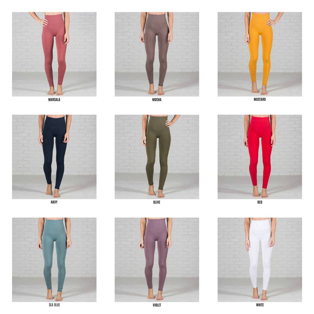 Grid of nine leggings in various colors against a neutral background