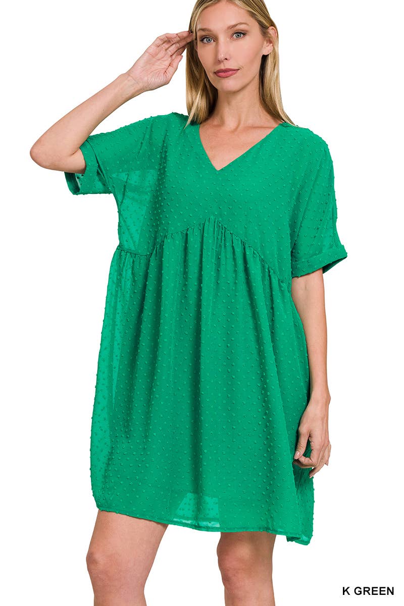 Swiss Dot Babydoll V Neck Dress