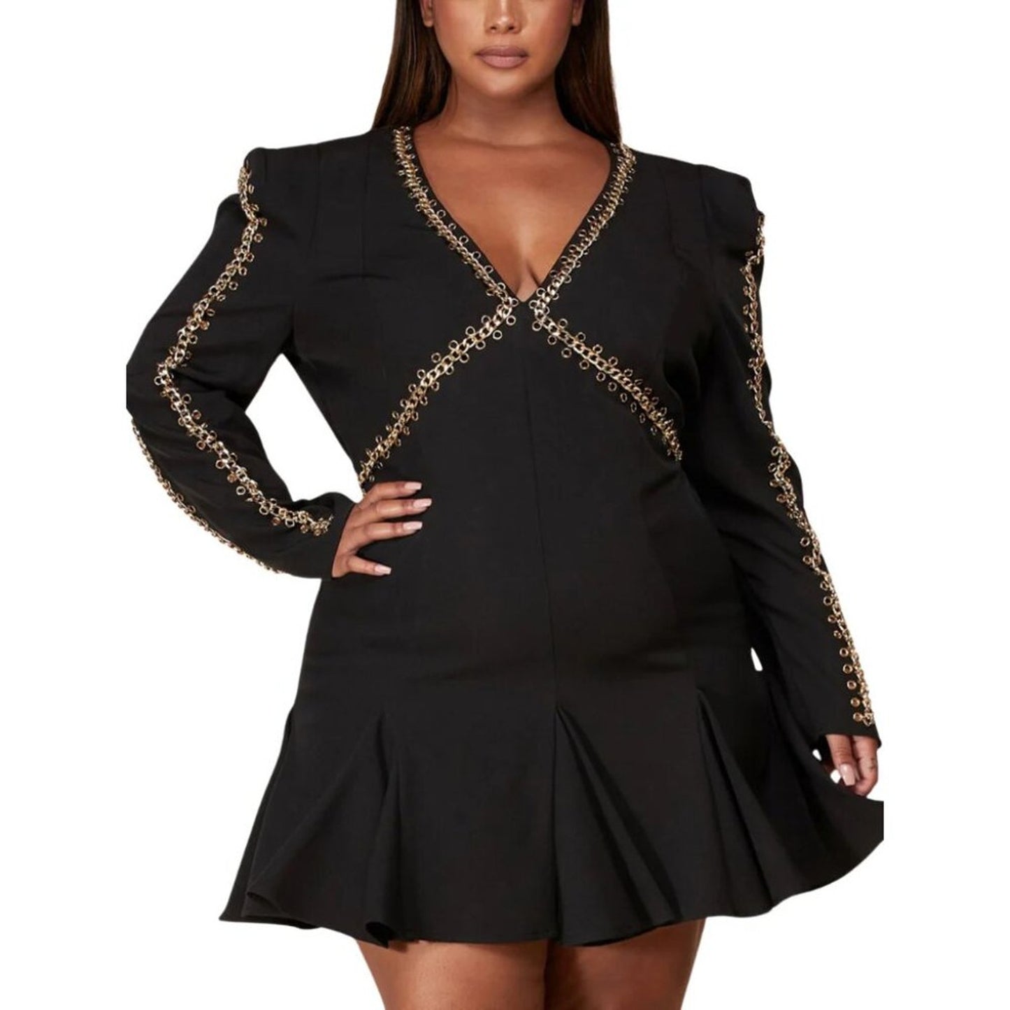 Embellished Sophisticated Black Balloon Dress Adorned with Golden Accents