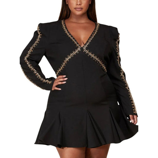 Embellished Sophisticated Black Balloon Dress Adorned with Golden Accents