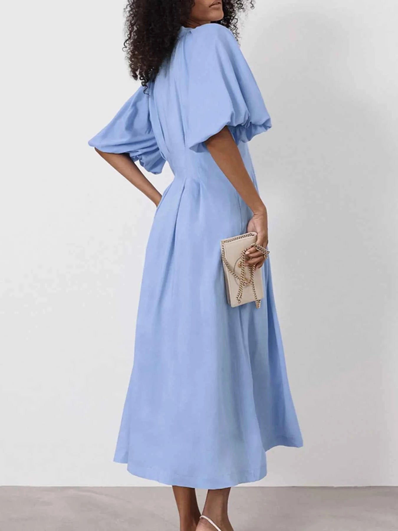 Puff Sleeve Button-Front Midi Dress