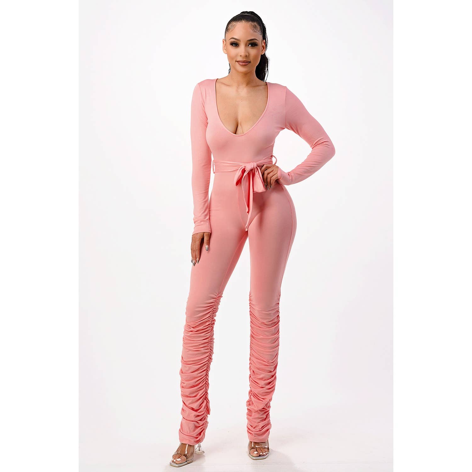 Ruched V-Neck Jumpsuit with Tie Waist