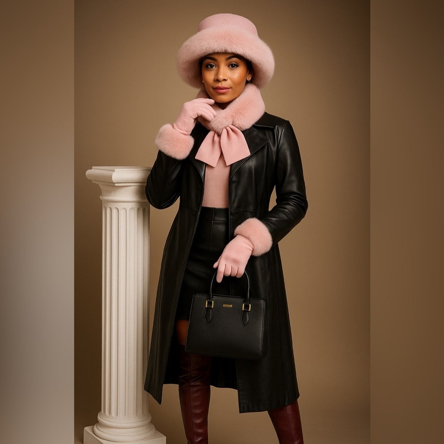 Woman in a black coat with pink fur trim, hat, and gloves holding a black handbag against a beige background.