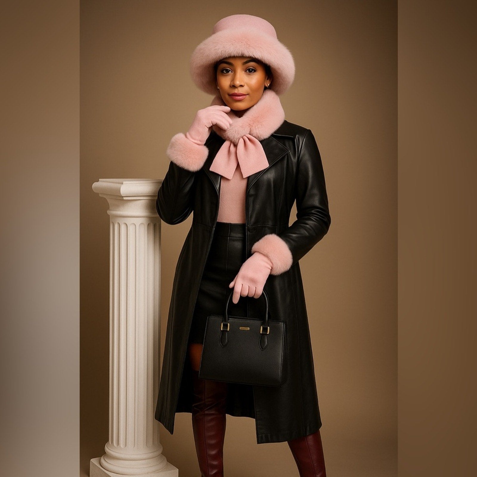 Woman in a black coat with pink fur trim, hat, and gloves holding a black handbag against a beige background.