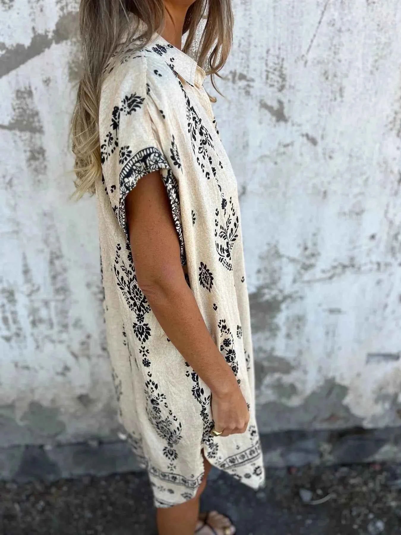 Full Size Printed Short Sleeve Button-Up Shirt Dress Plus Size