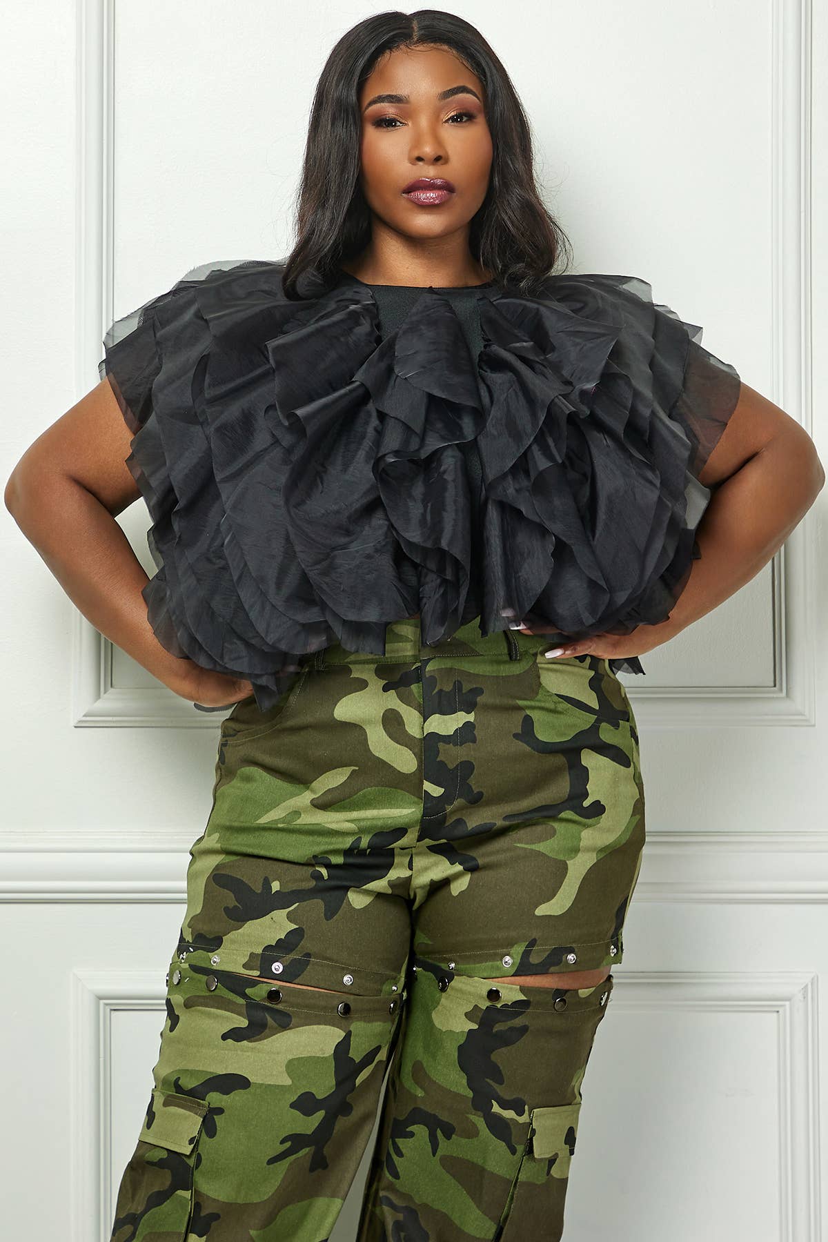 Plus Size Sleeveless Ruffle Tulle Crop Top - Multi-Color