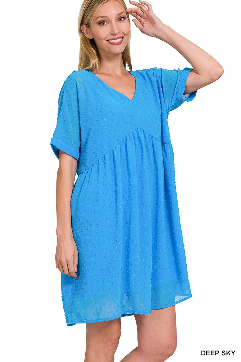 Swiss Dot Babydoll V Neck Dress