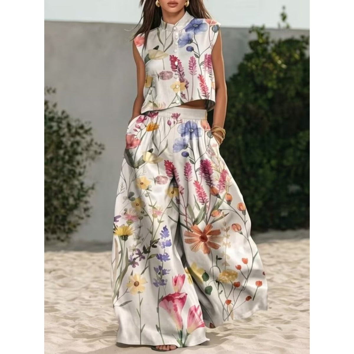 Romantic Garden Floral Wide-Leg Pants Set S–XXL