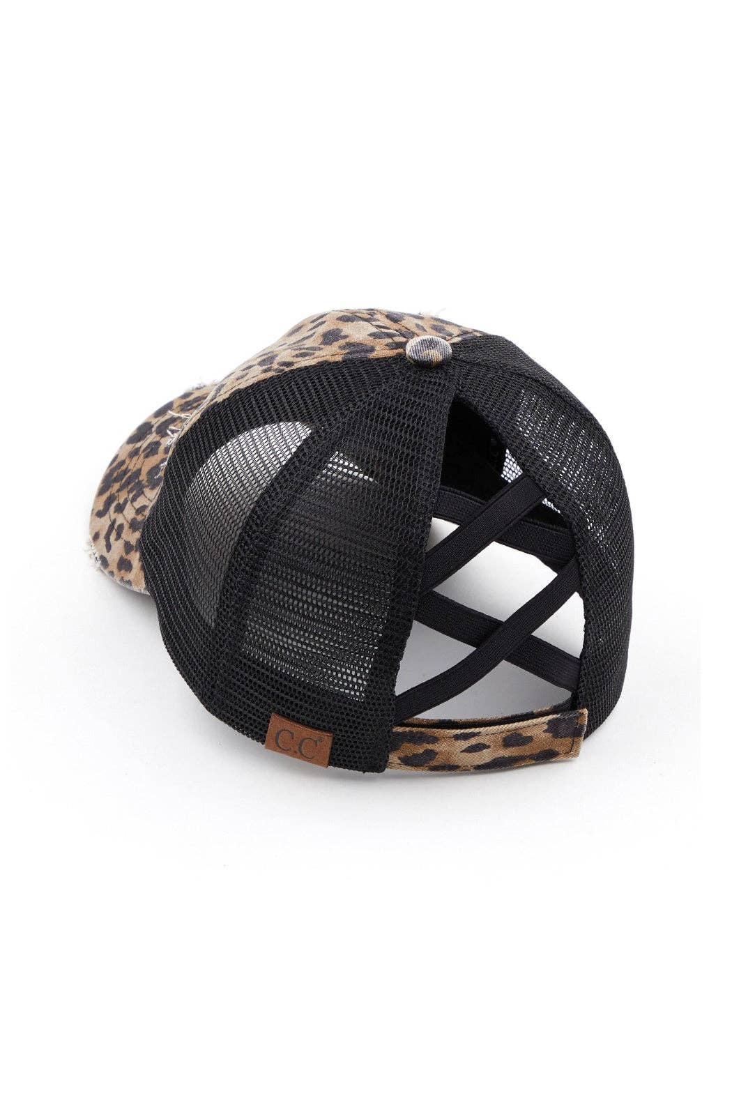 Black mesh cap with leopard print visor on a white background