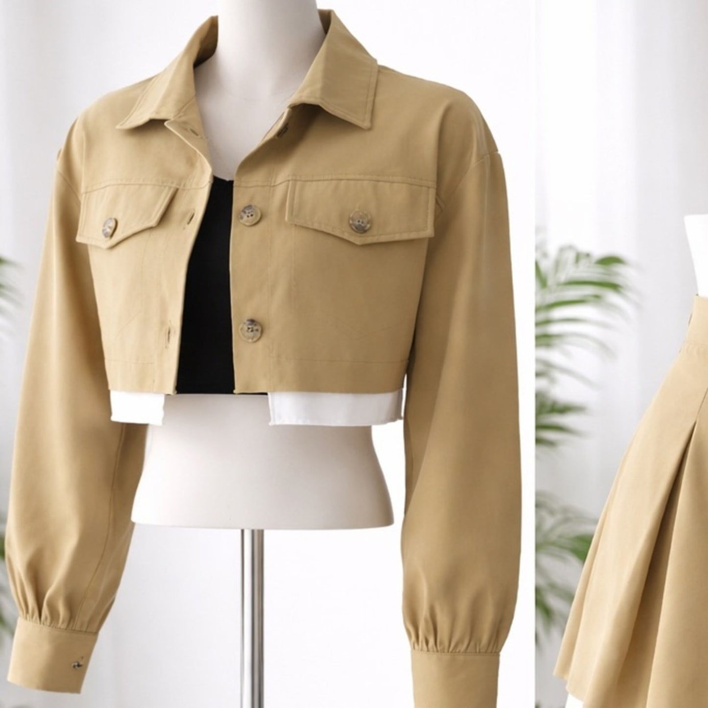 Cropped Khaki Jacket and Pleated Skirt Set - Khaki with White Trim