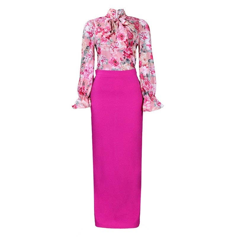 Floral blouse with long sleeves and a pink pencil skirt on a white background