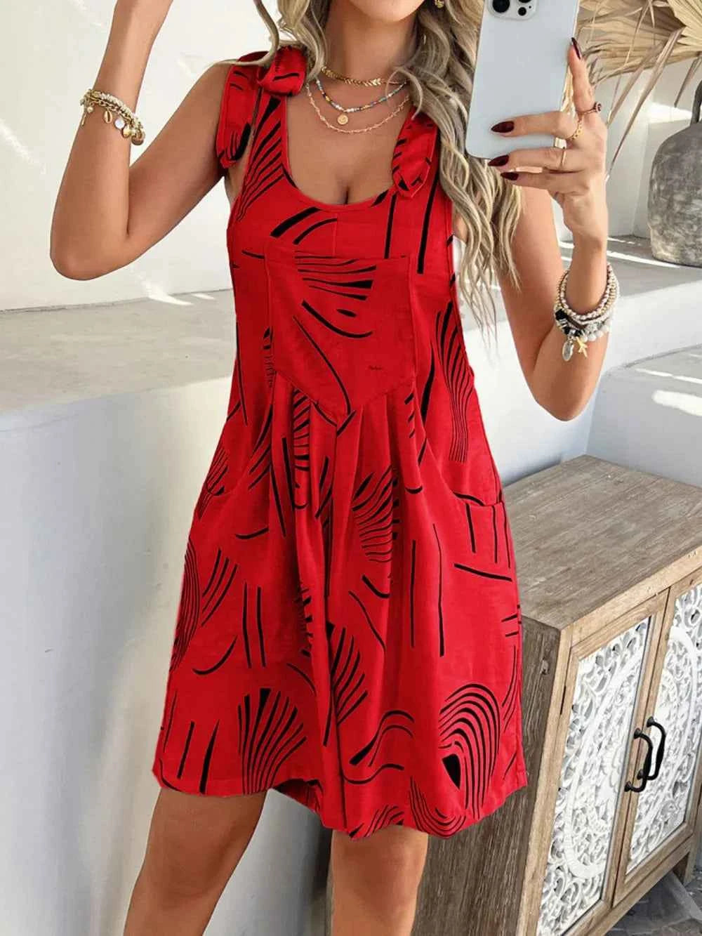 Devine Printed Tie Shoulder Overalls with Pockets