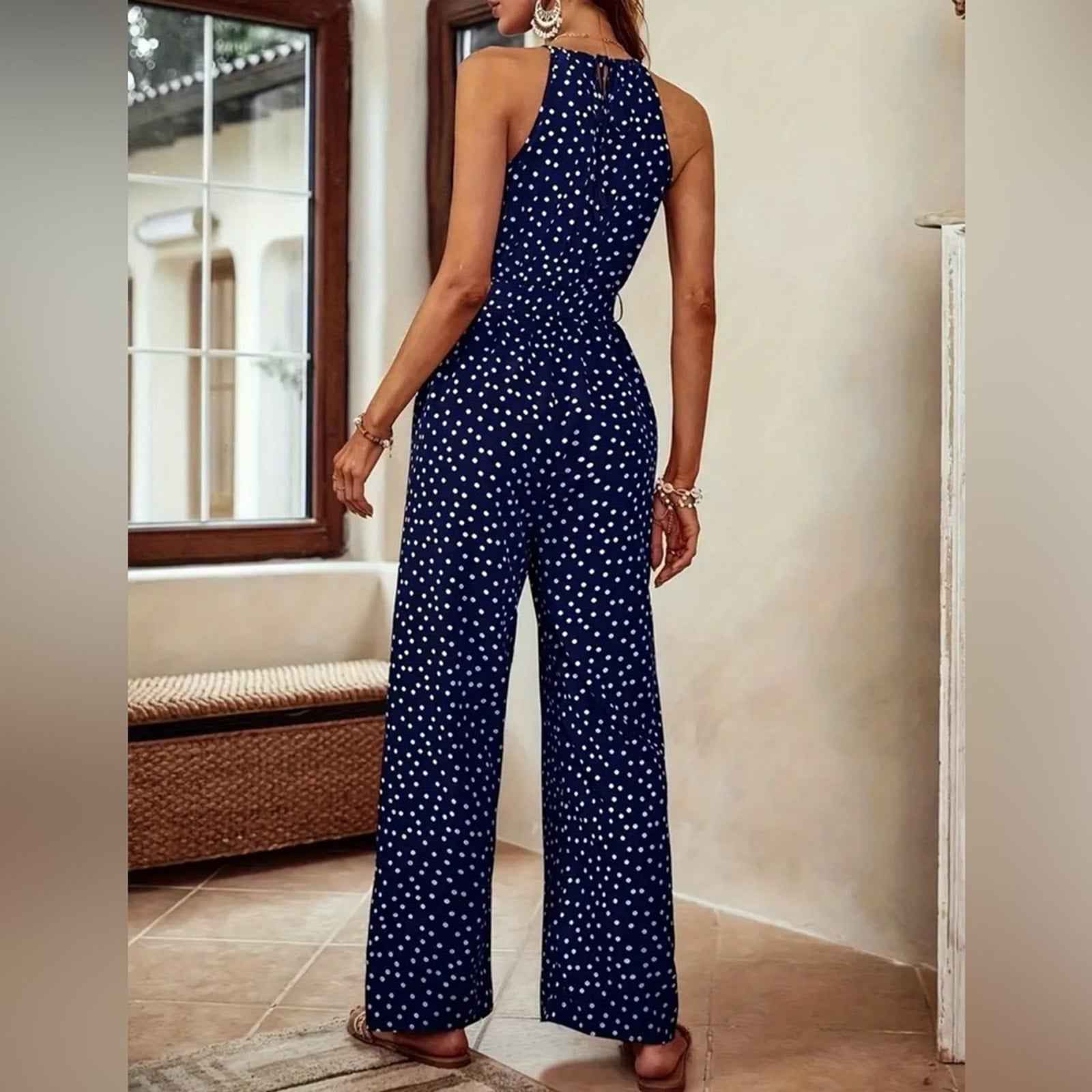 Elegant Geometric Halter Neck Culottes Wide Leg Jumpsuit, Versatile Sleeveless