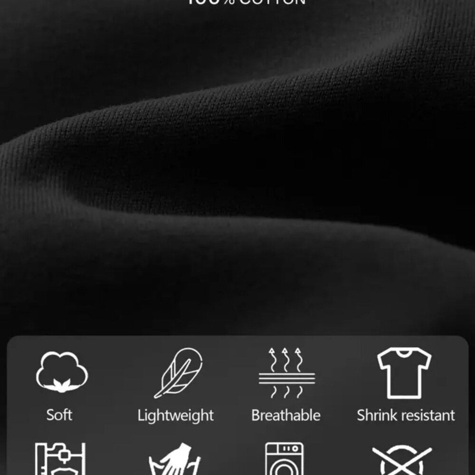 Close-up of black fabric with icons and text indicating fabric properties.