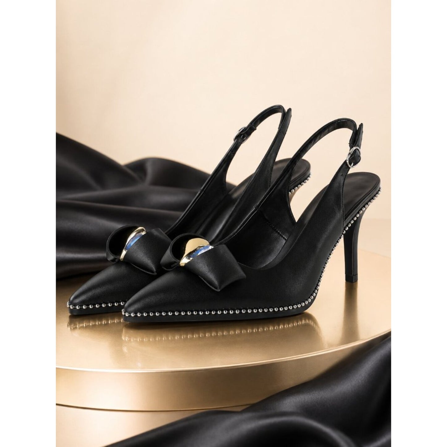 Patent Black Slingback Stiletto Pumps | Pointed Toe Jewel Heel