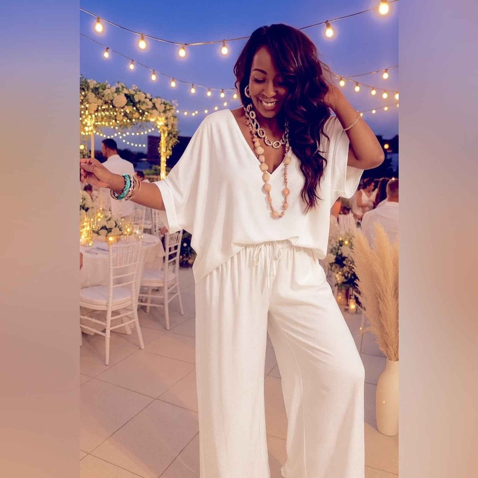 Chic White Lounge Set – Flowy V-Neck Top & Wide-Leg Pants for All White Party