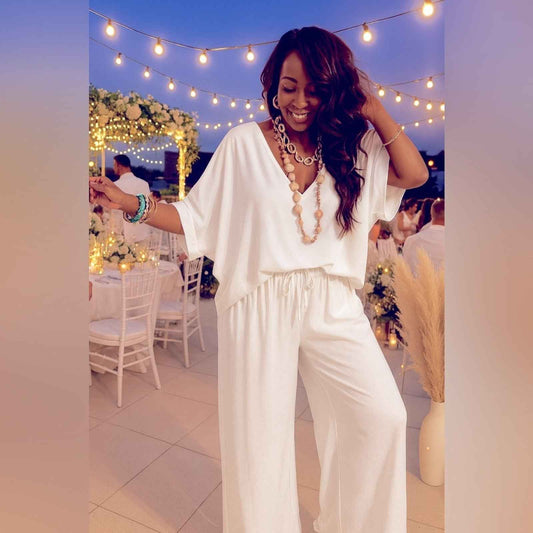 Chic White Lounge Set – Flowy V-Neck Top & Wide-Leg Pants for All White Party