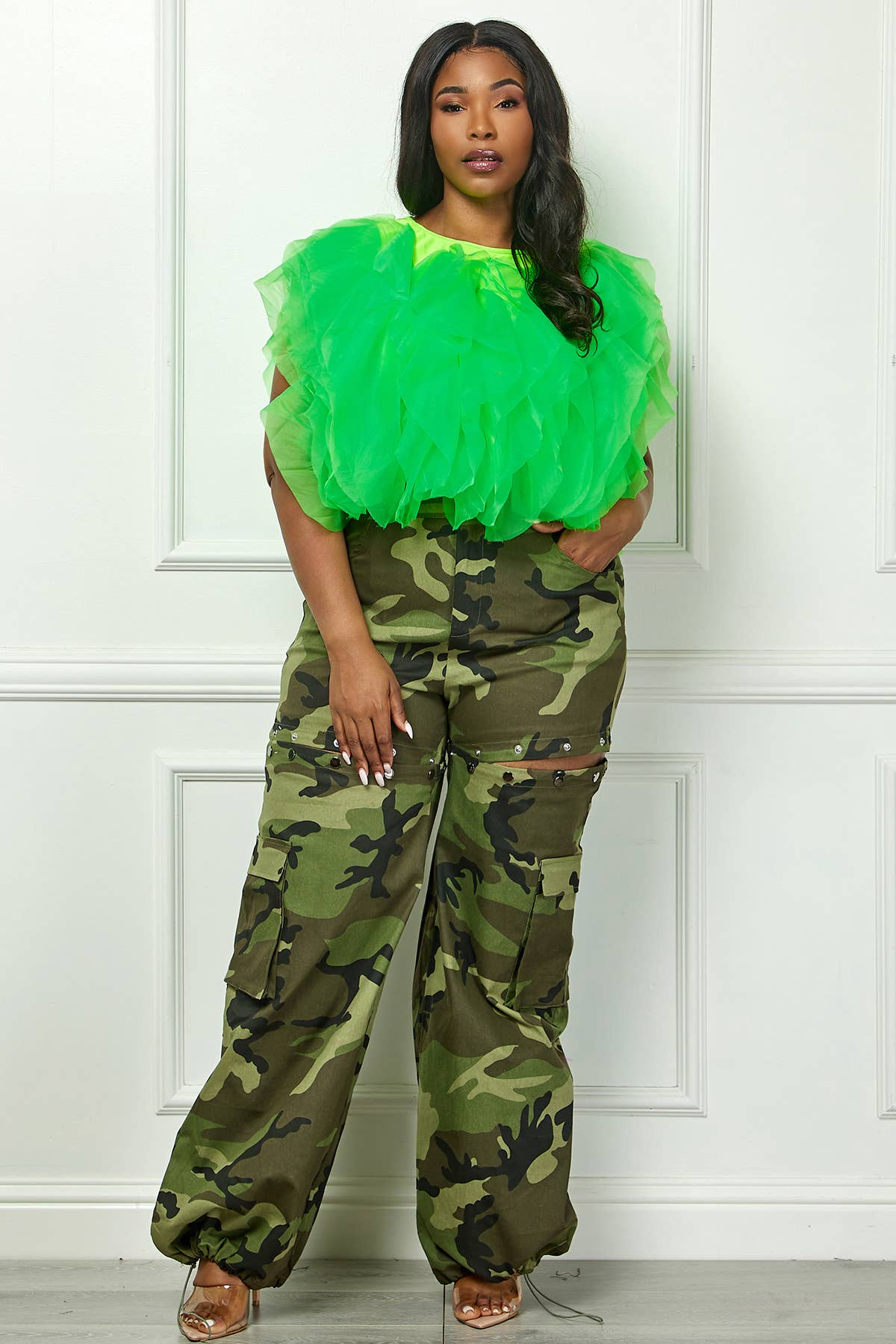 Plus Size Sleeveless Ruffle Tulle Crop Top - Multi-Color