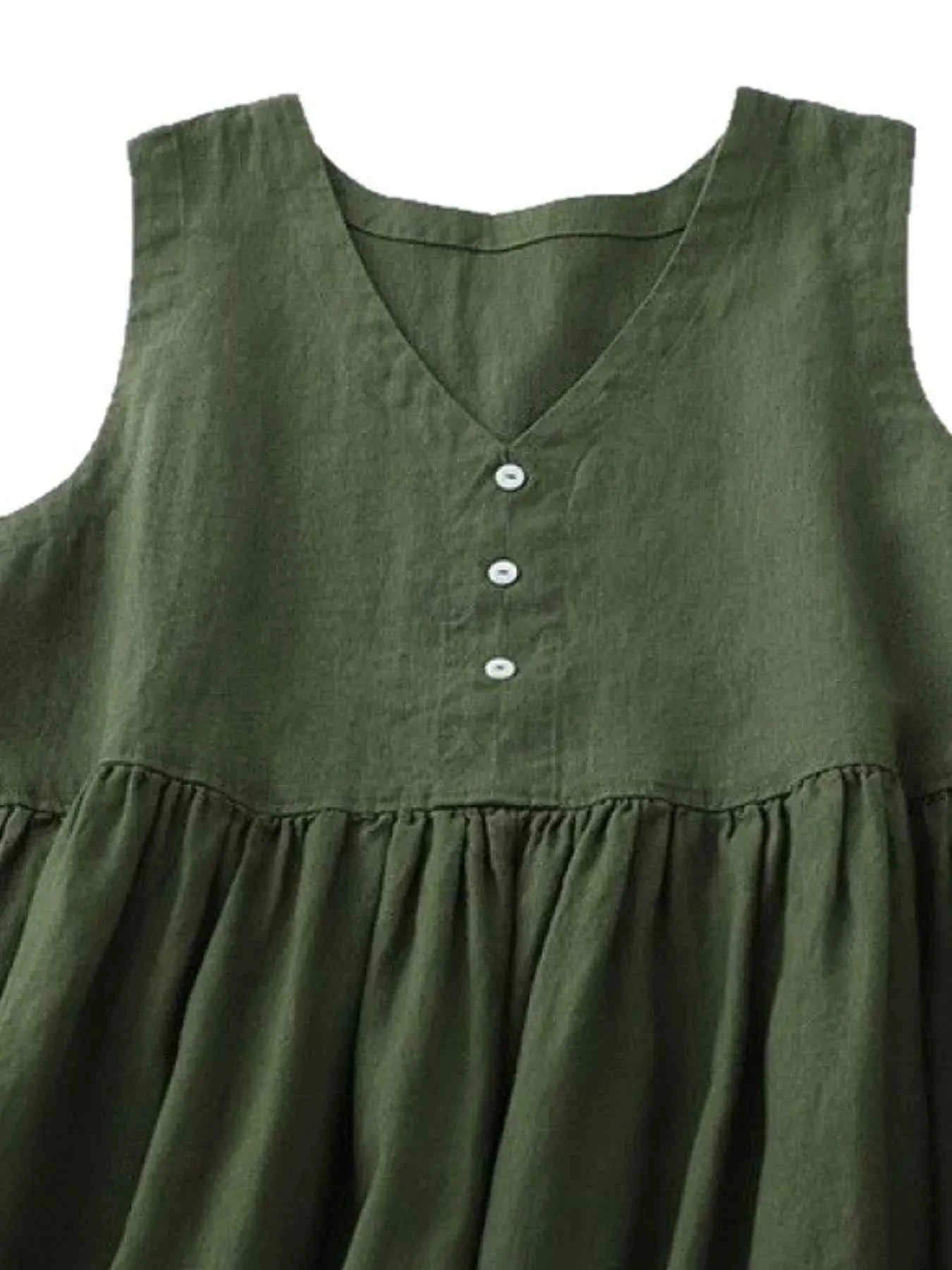 V-Neck Button Detail Sleeveless Midi Dress