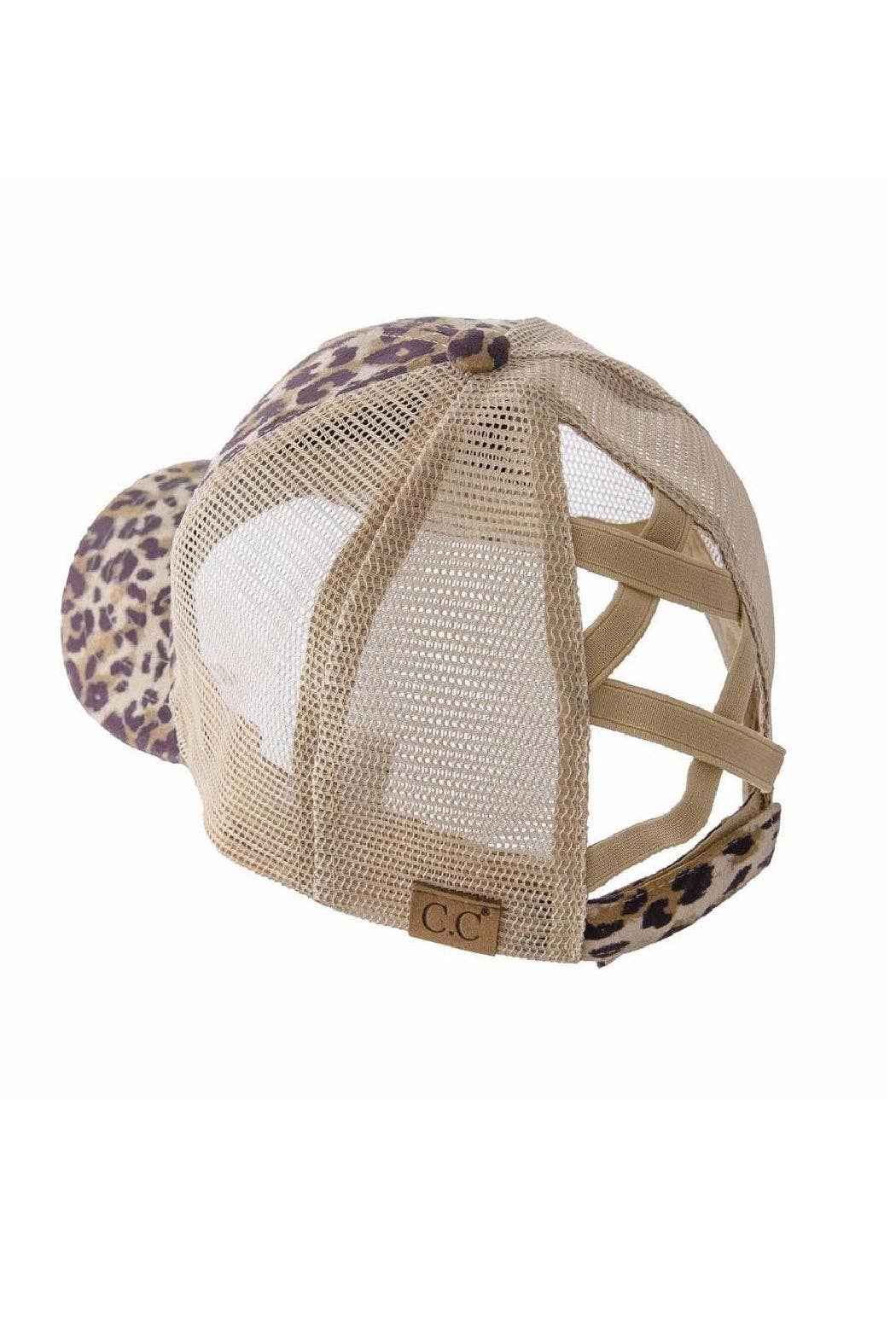 Two mesh caps with leopard print visors on a white background