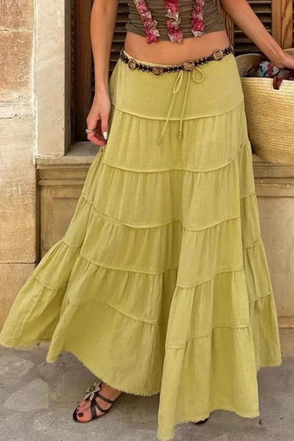 Bohemian Tiered Maxi Skirt with Drawstring Waist