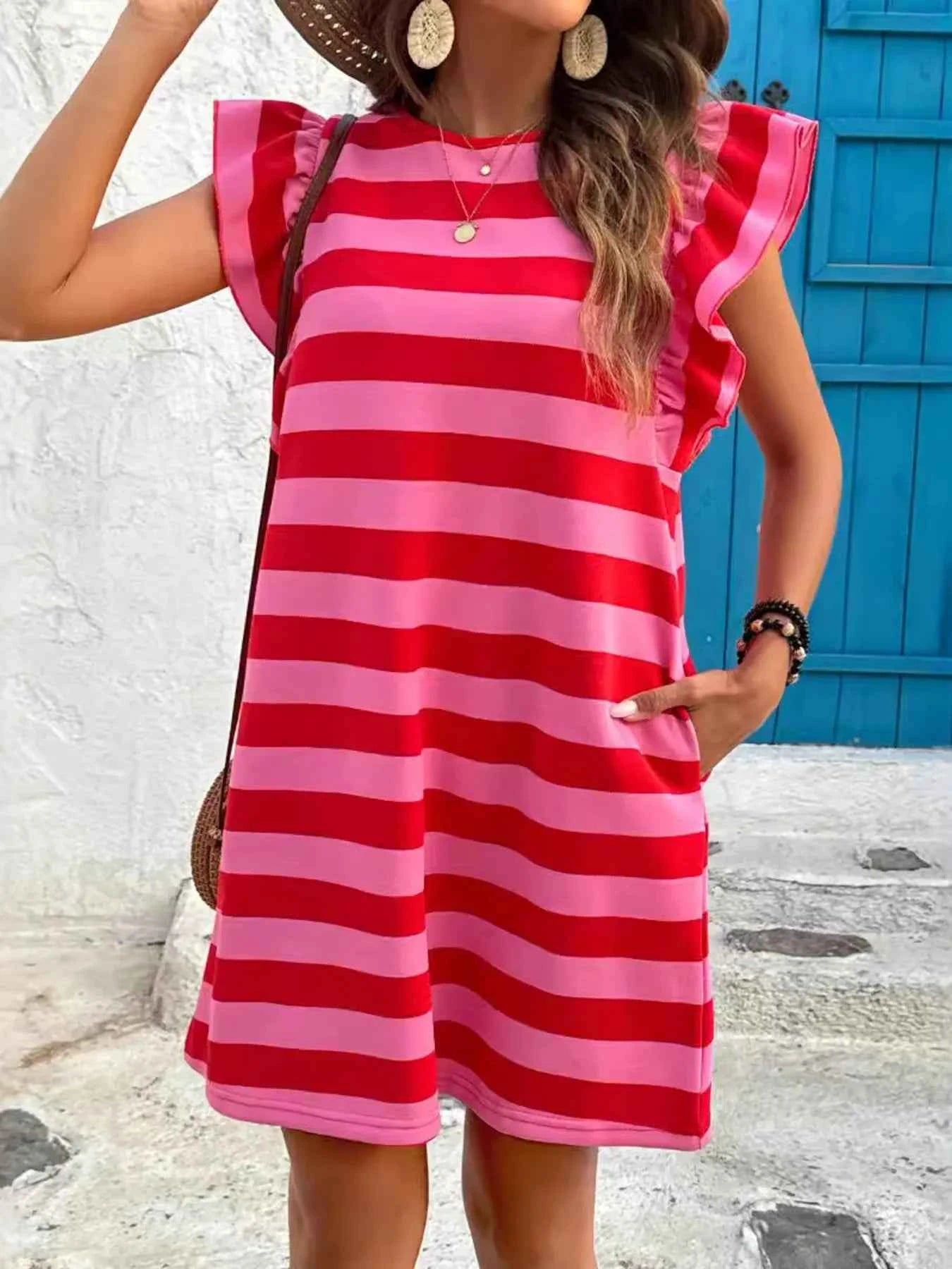 Striped Ruffle Sleeve Casual Summer Dress
