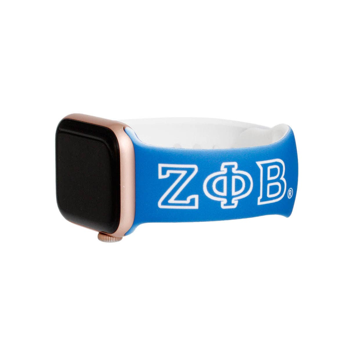 Smartwatch with a blue band featuring 'Zeta Phi Beta' letters on a white background
