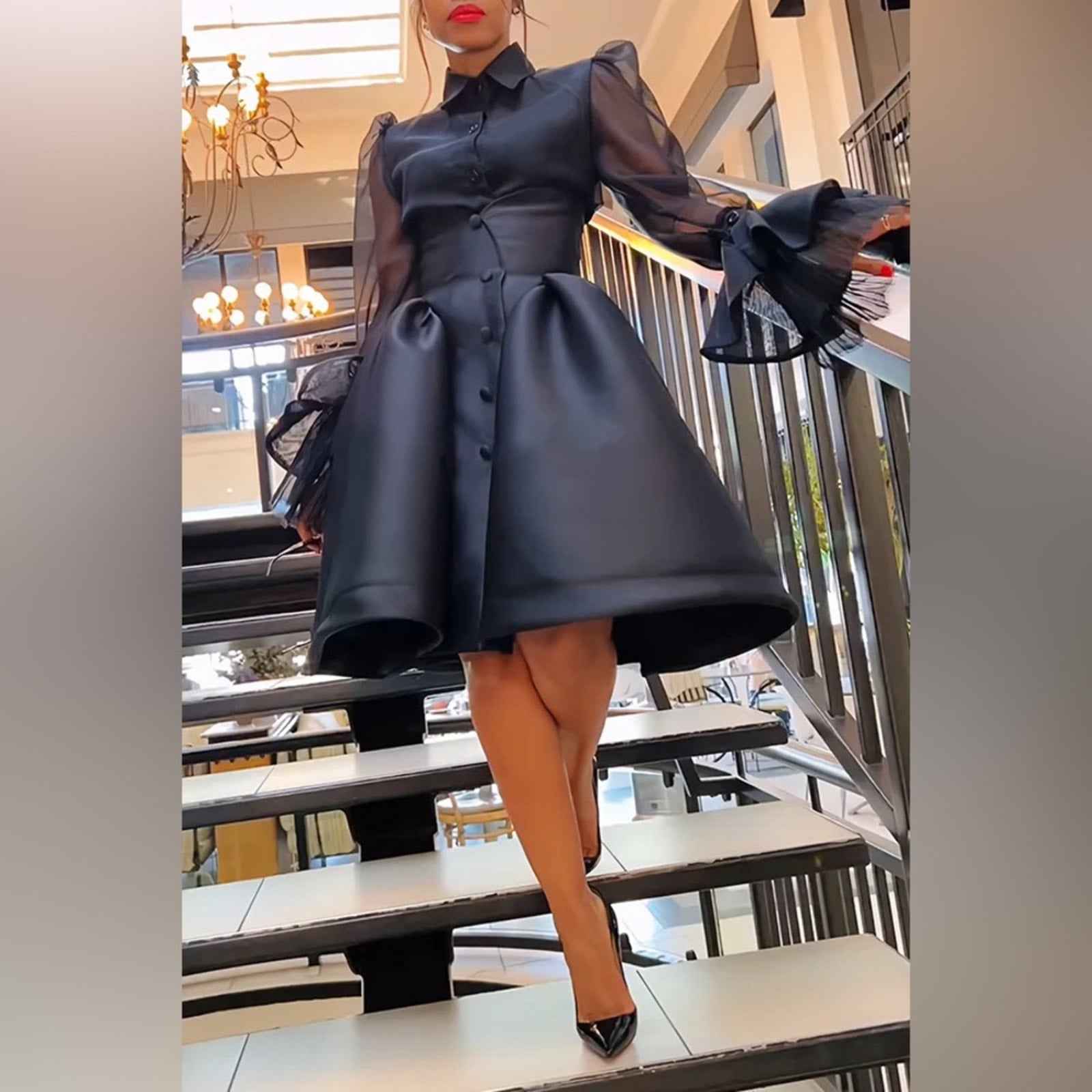 Stylish Black Mesh with Sheer Bell Sleeves Blouse Skirt Set