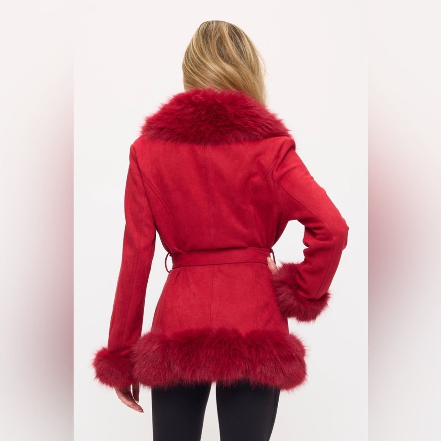 Elegant Red Faux Fur Trim Coat