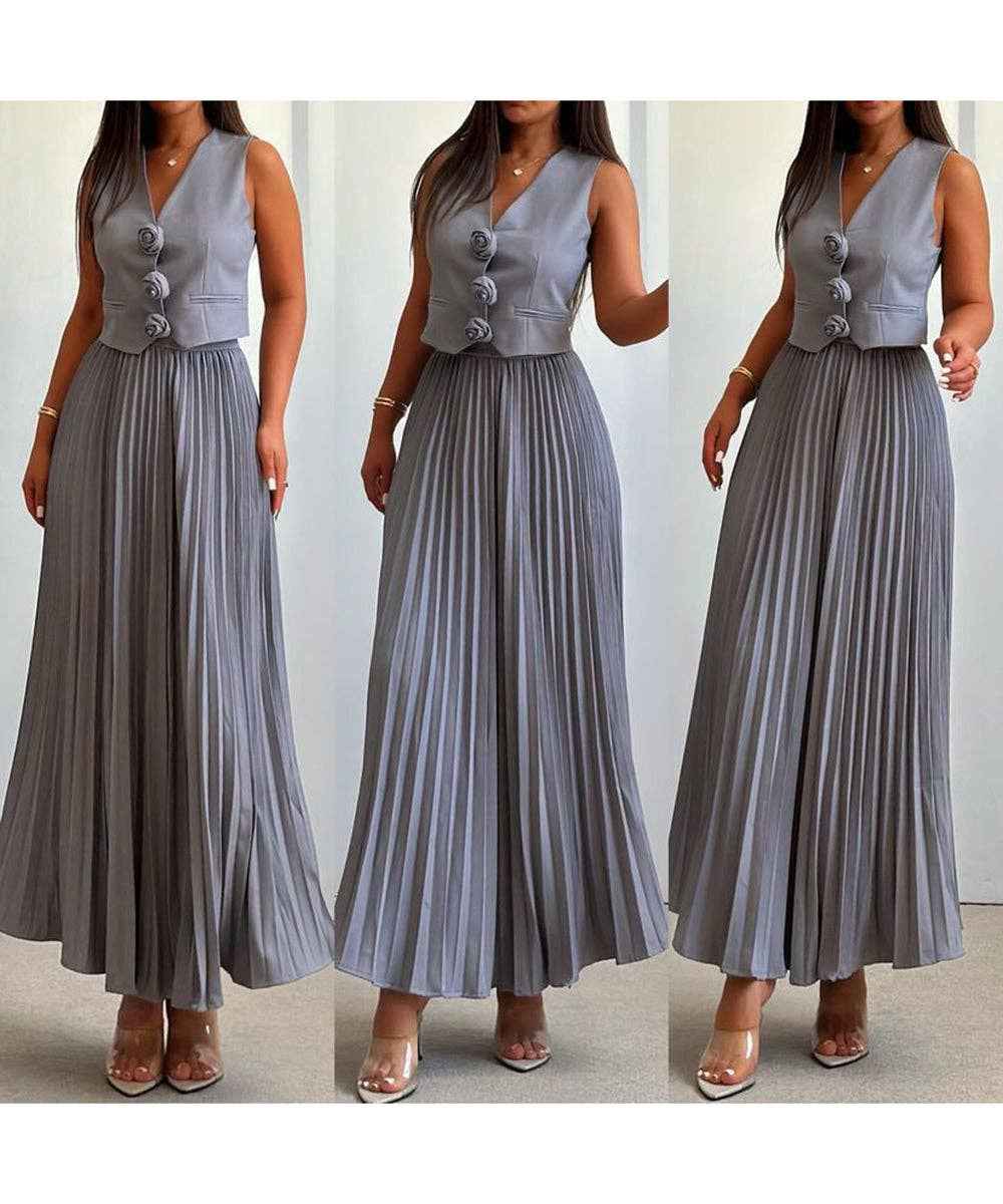 Sleeveless Tank Top Two Piece Set With Pleated Sleeves Women