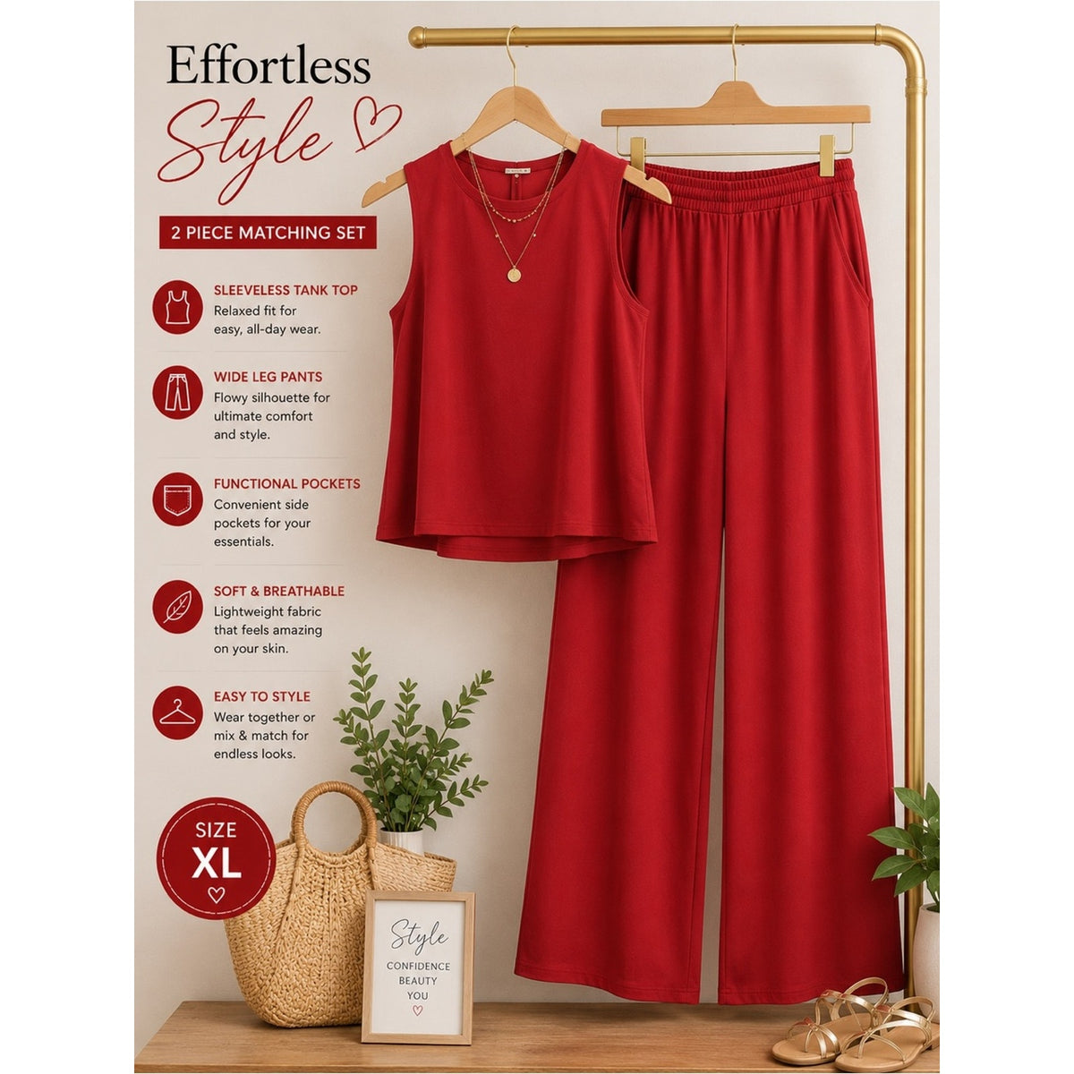 Red Sleeveless Wide Leg Pants 2 Piece Matching Set XL