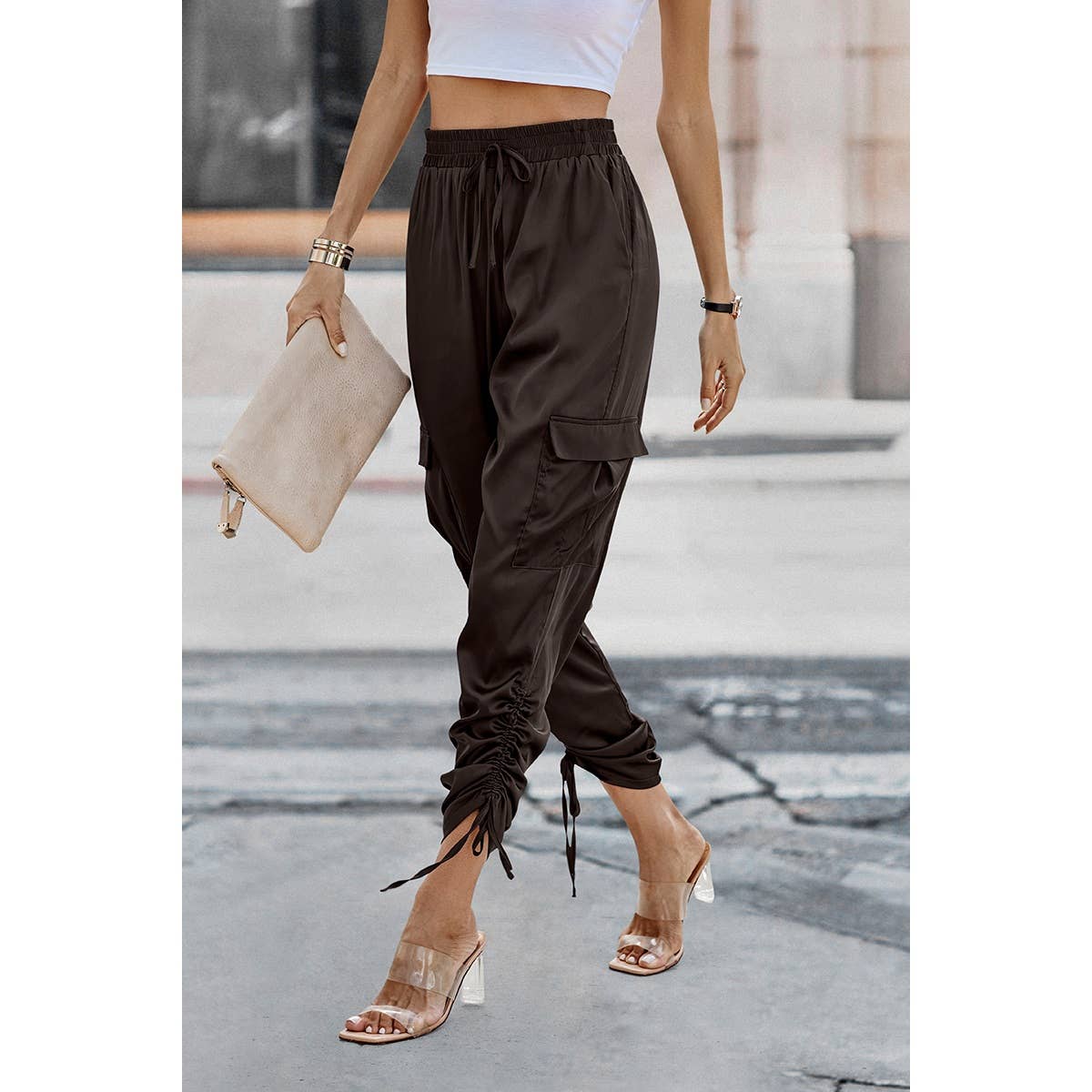 Solid Drawstring Hem Flap Pocket Side Stacked Pants