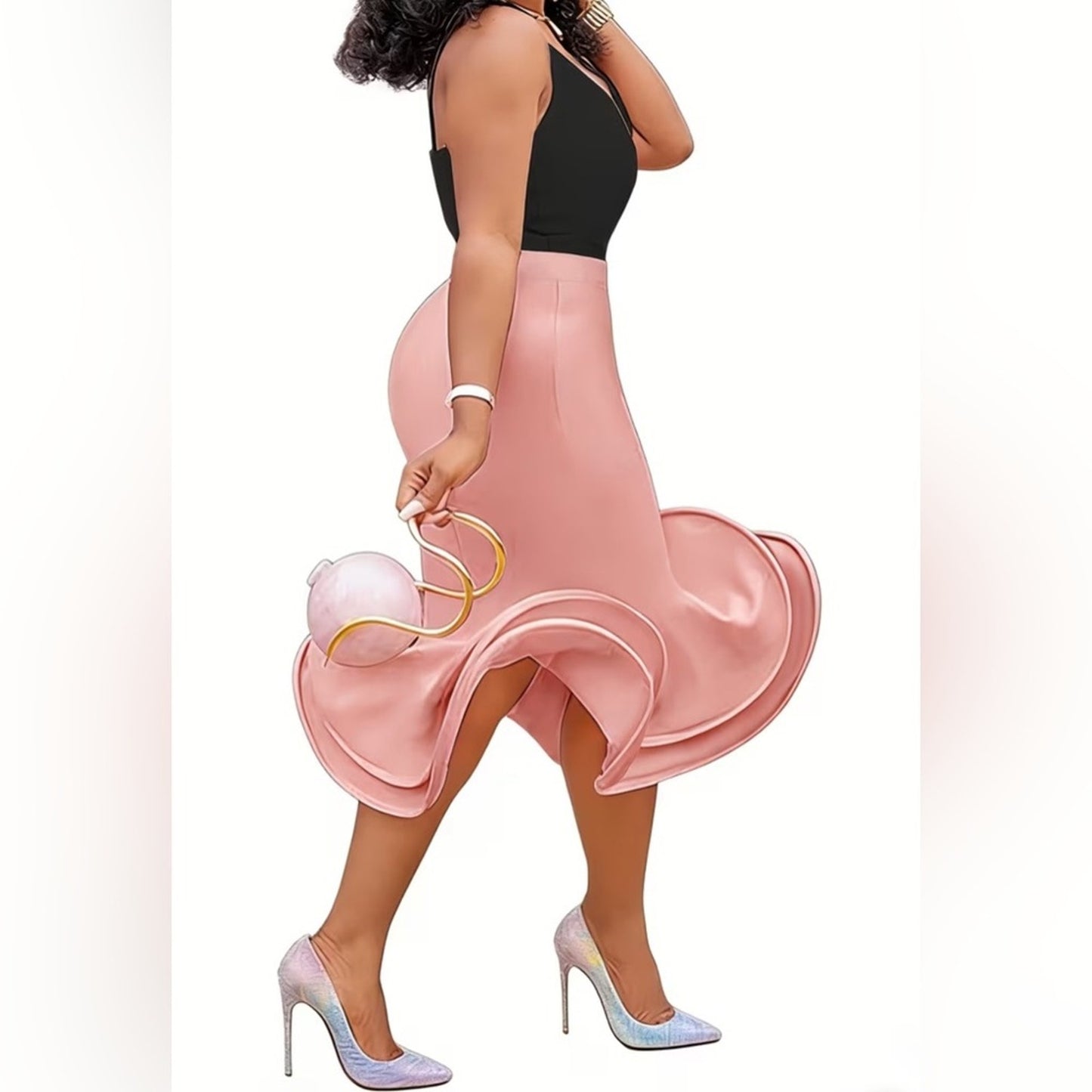Blush Pink Bodycon Ruffle Hem Midi Skirt | Medium Stretch | True to Size