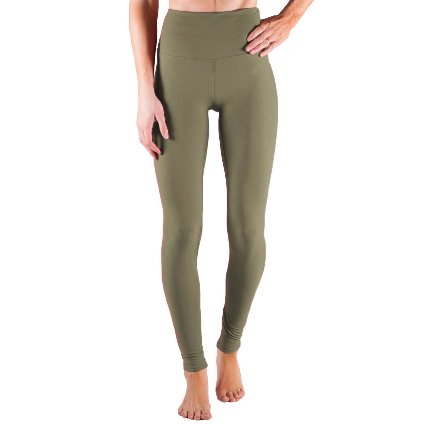 Olive green leggings worn by a person on a white background