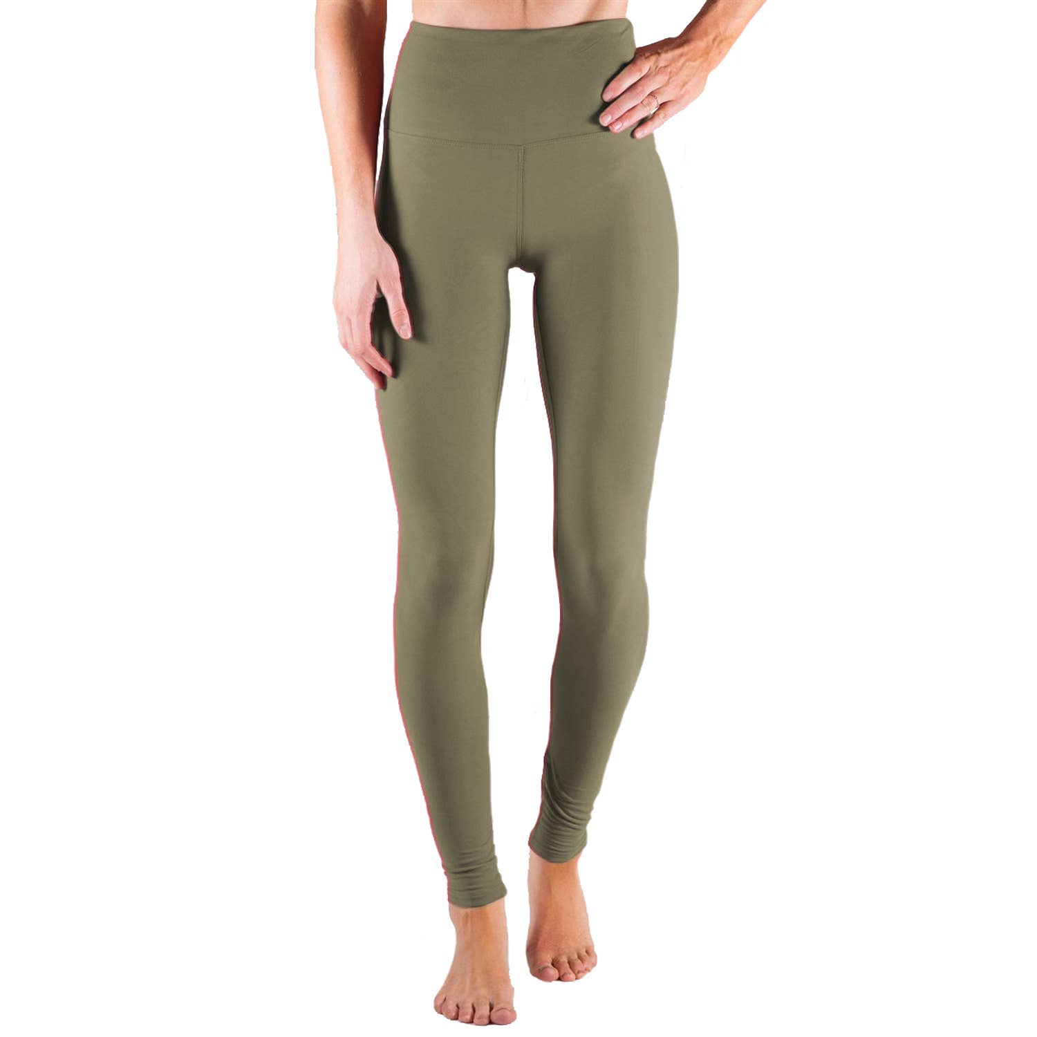 Olive green leggings worn by a person on a white background