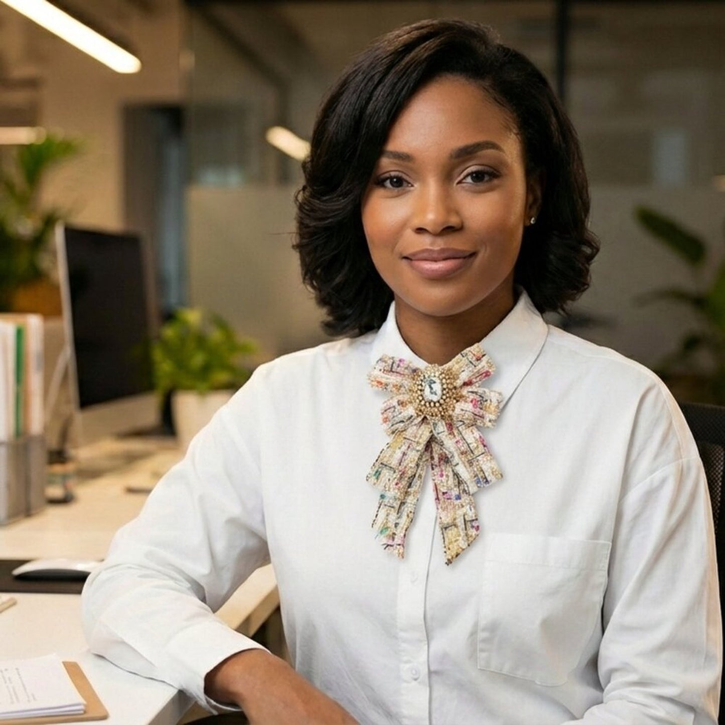 Confetti Tweed Bow Jewel Brooch