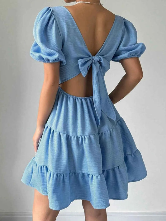 Bow-Back Tiered Ruffle Mini Dress