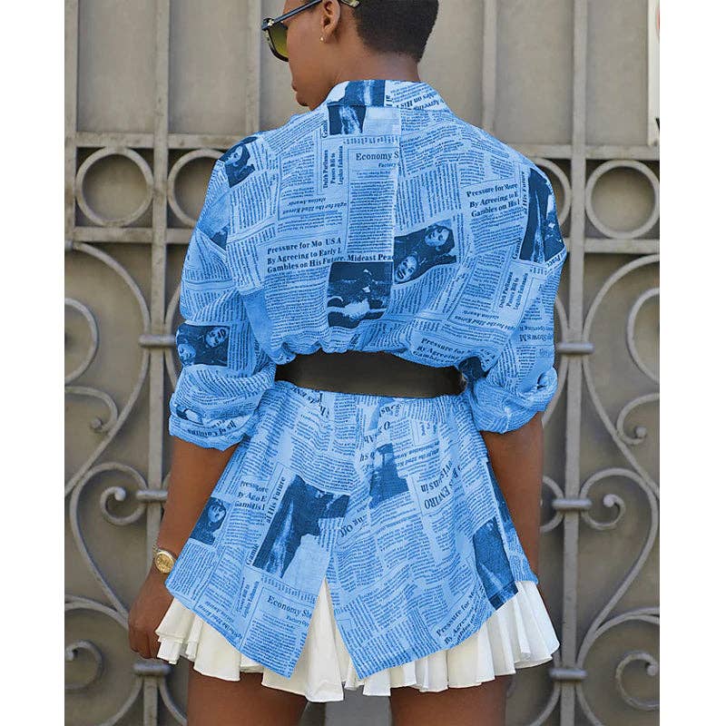 MB FASHION Newspaper Print Long-Sleeve Button-Up Blazer 3175
