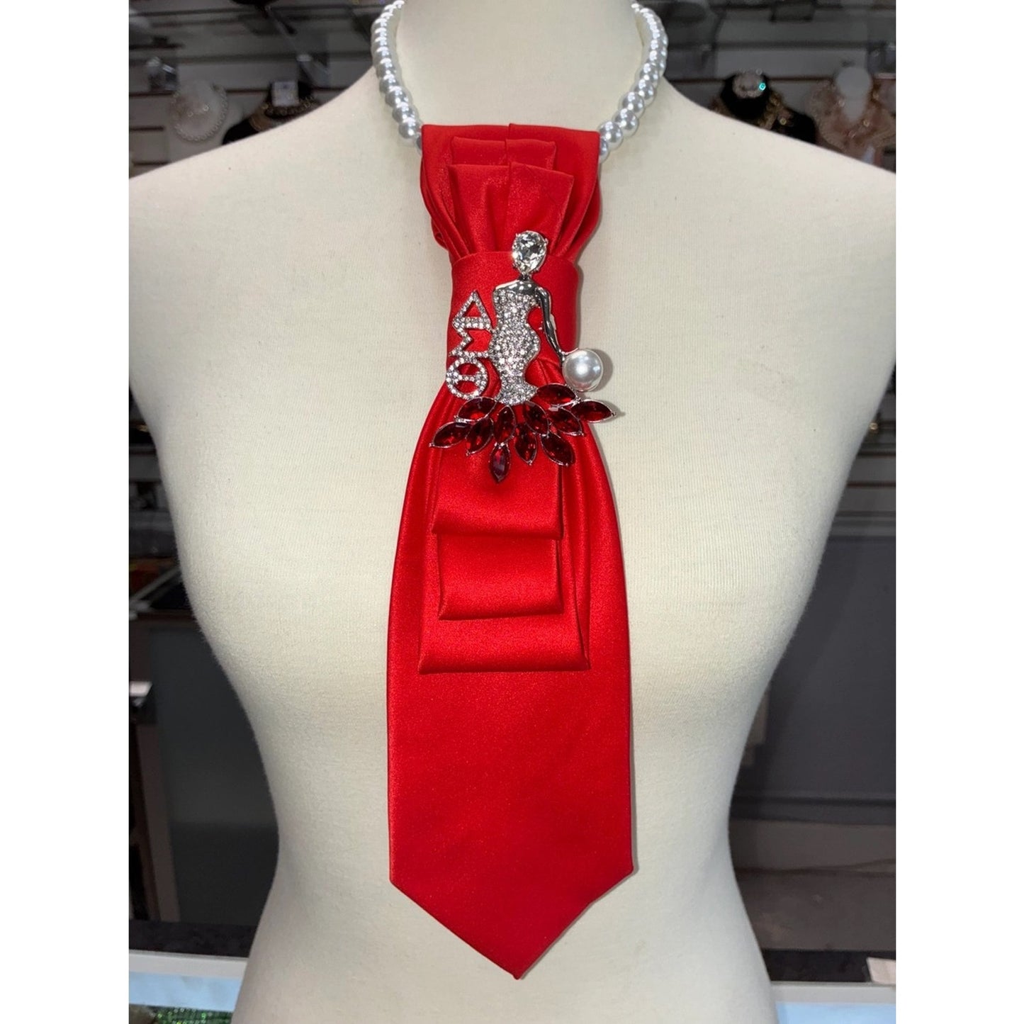 Red Satin Statement Necklace Tie with Rhinestone Delta Brooch