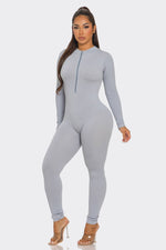 Load image into Gallery viewer, Ribbed Half Zip Long Sleeve Bodycon Jumpsuit
