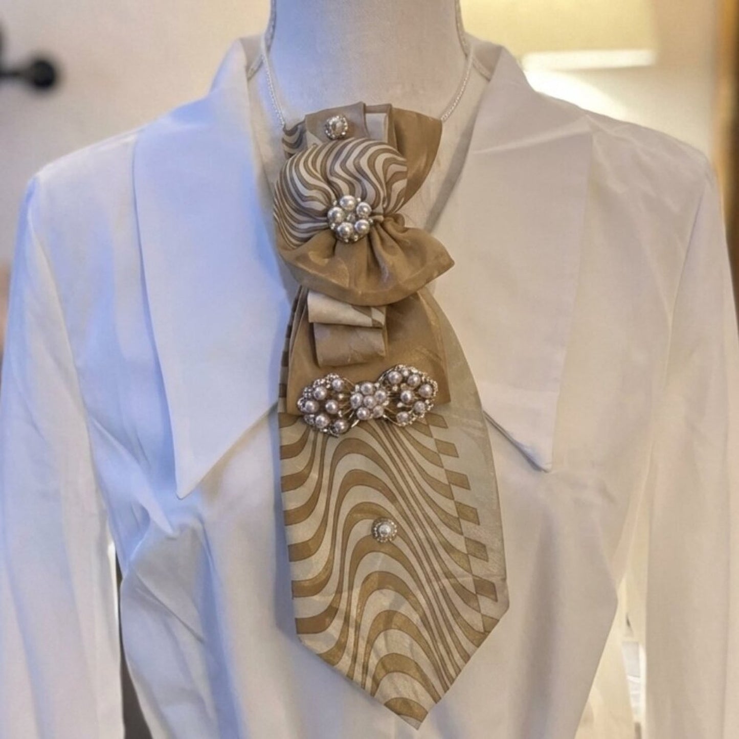 Gold Wave Pearl Statement Tie – Elegant Women’s Church & Formal Accessory