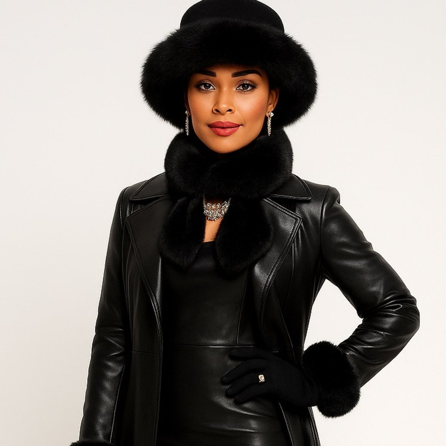 Woman wearing a black leather coat with fur trim, hat, and gloves on a white background
