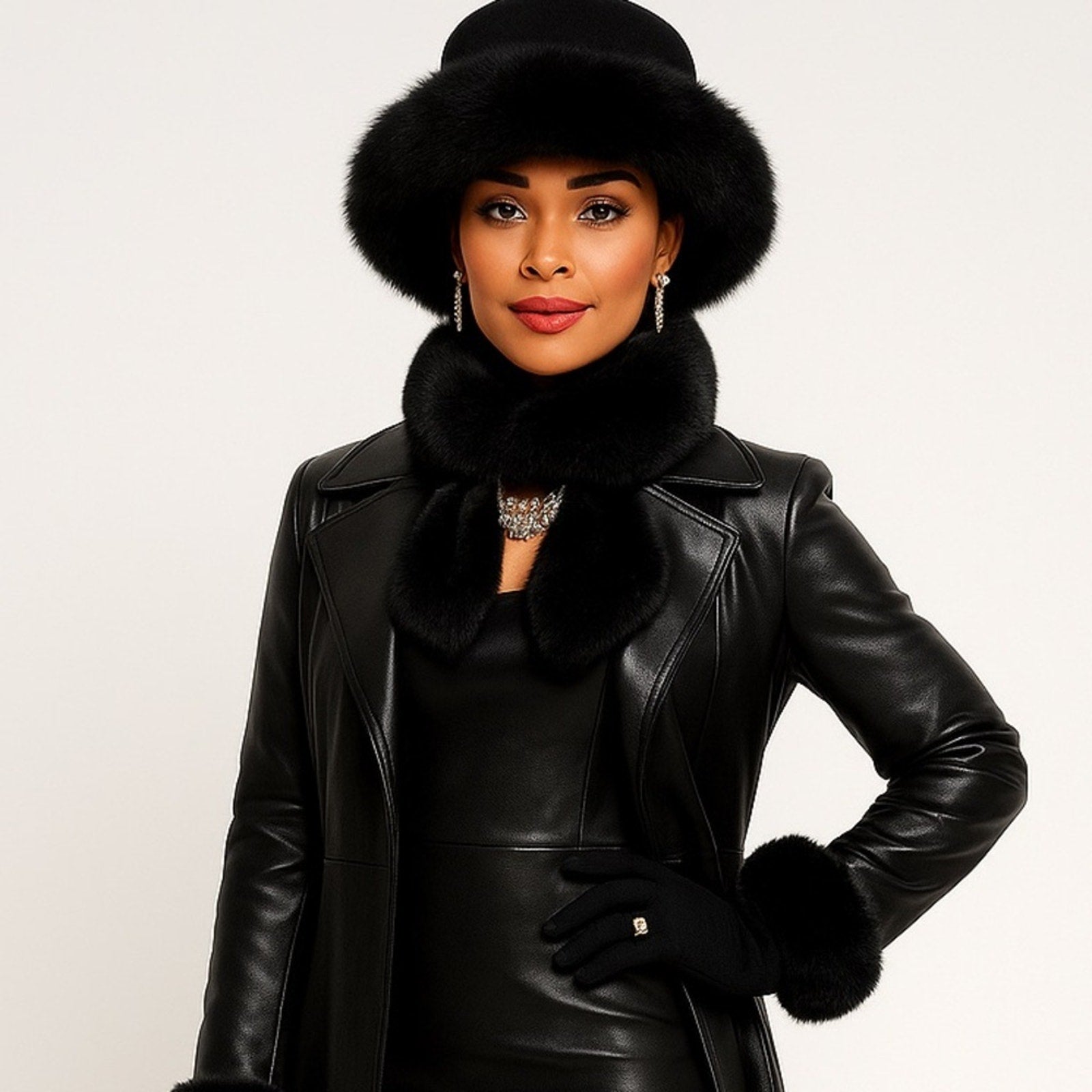 Woman wearing a black leather coat with fur trim, hat, and gloves on a white background