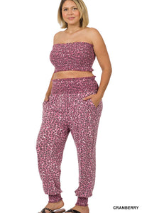 PLUS SIZE LEOPARD SMOCKED TUBE TOP & LOUNGE JOGGER PANTS