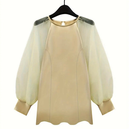 Champagne Satin Organza Statement Blouse – Dramatic Puff Sleeve Elegant Top