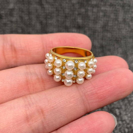Inlay Pearls & CZ 18K Gold Plated Stainless Steel Ring