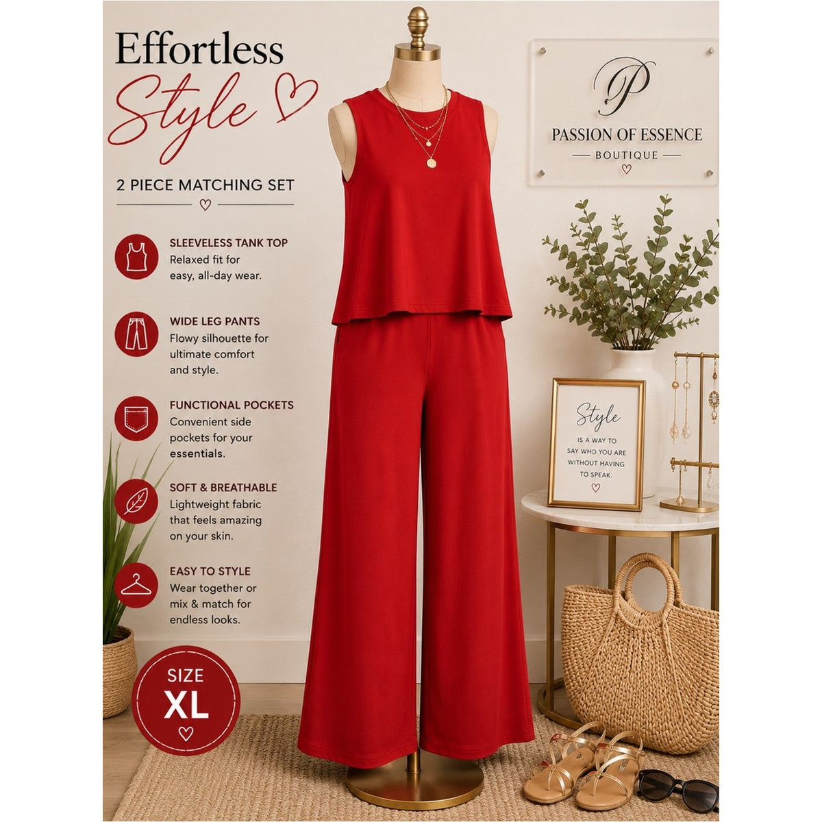 Red Sleeveless Wide Leg Pants 2 Piece Matching Set XL