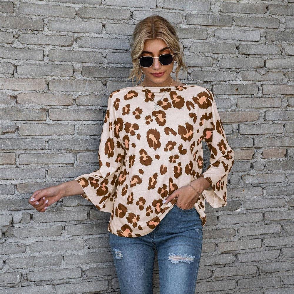 Casual Leopard Print Puff Sleeve Loose T-Shirt