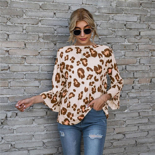 Casual Leopard Print Puff Sleeve Loose T-Shirt